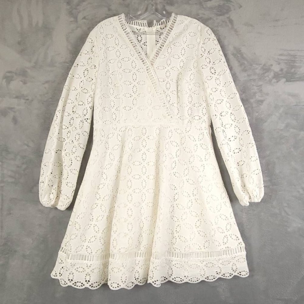 Ted Baker Womens Broderie Mini Dress White V Neck Long Sleeve Lace Overlay 4 New